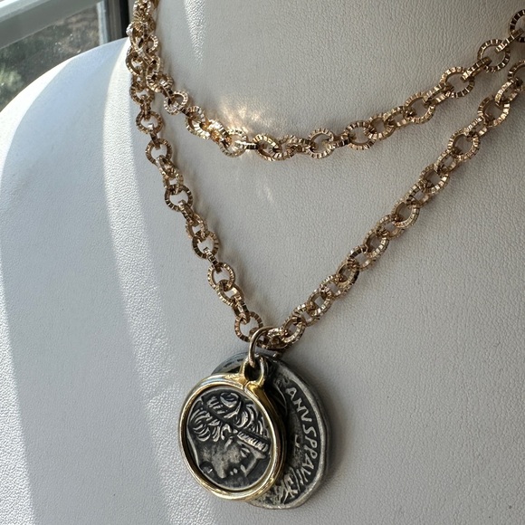 Vintage 1980s Gold Plated Statement Chain Necklace with Coin Pendant - Picture 1 of 11